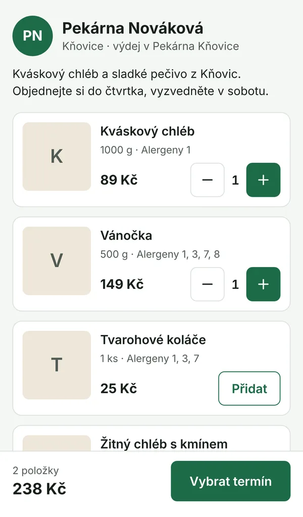Objednávková stránka pekárny na telefonu